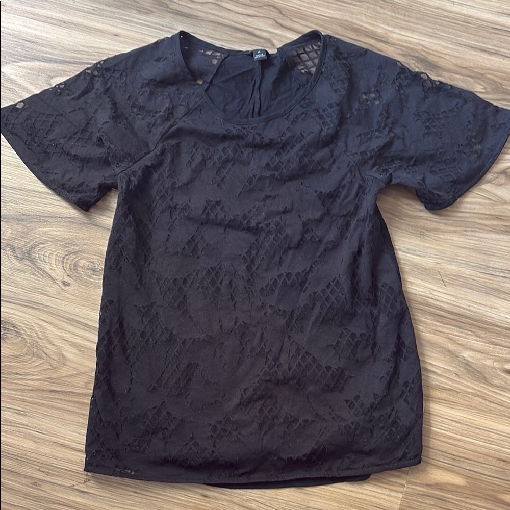 Black Blouse with Short Sleeves and Crew Neck
